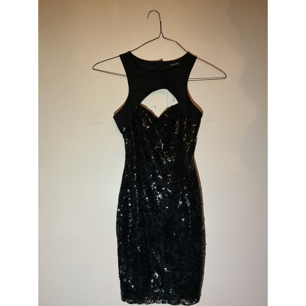 VINTAGE CACHE‎ Black Sequin Cutout Sheath Dress Party Cocktail Occasion Size XS